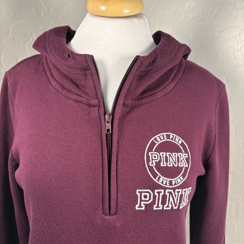 Y2K Vintage Victoria’s Secret PINK Hoodie Burgundy Quarter Zip Pullover M Logo - Picture 2 of 10